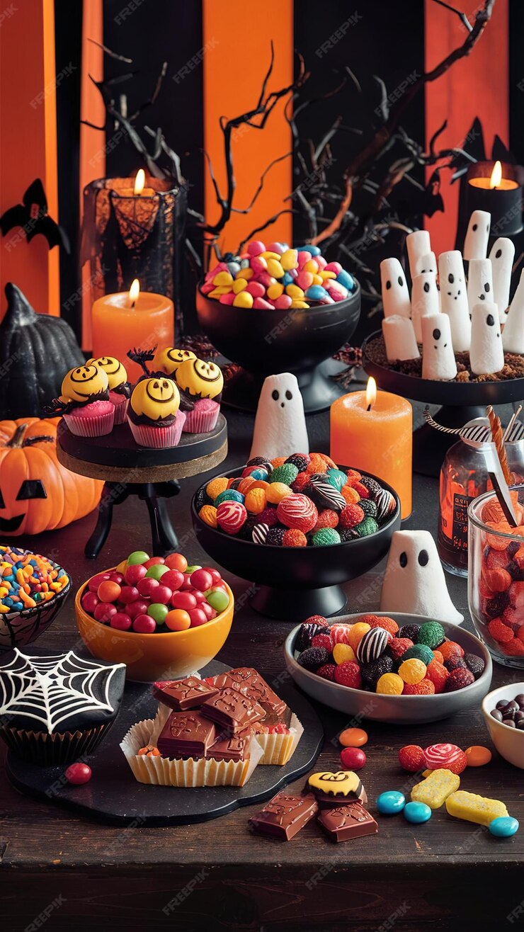 buffet d'halloween décoré avec citrouille, bougie orangé, branche d'arbre noir et le buffet est composé de bonbons et gateaux